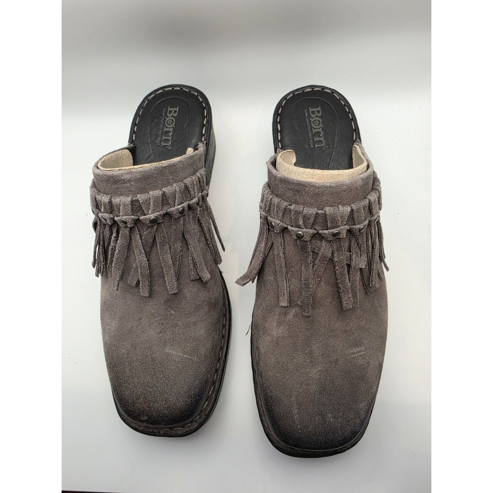 BORN‎ HARMONY Grey Leather Block Heel Fringe Studded Clogs Women's Sz 9